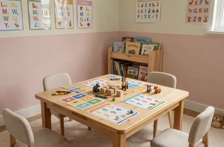 Coin classe maternelle avec fiches à compter, manipulatifs colorés et matériel pédagogique imprimé pour apprendre les chiffres