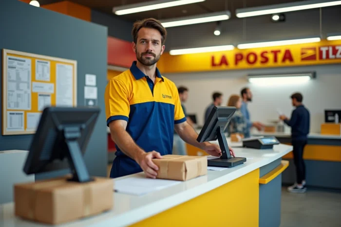 Agent La Poste en uniforme triant des enveloppes derrière un comptoir, avec un tableau des tarifs d'affranchissement visible en arrière-plan