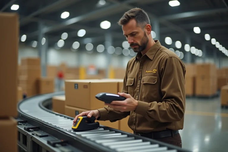 Agent UPS en uniforme scannant un colis sur le tapis de tri du centre de distribution de Corbeil-Essonnes
