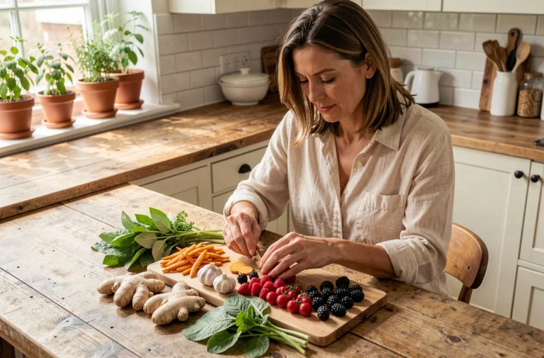 Femme préparant des aliments naturels anti-plaquettes comme le gingembre, le curcuma et les baies pour réduire un taux de plaquettes élevé