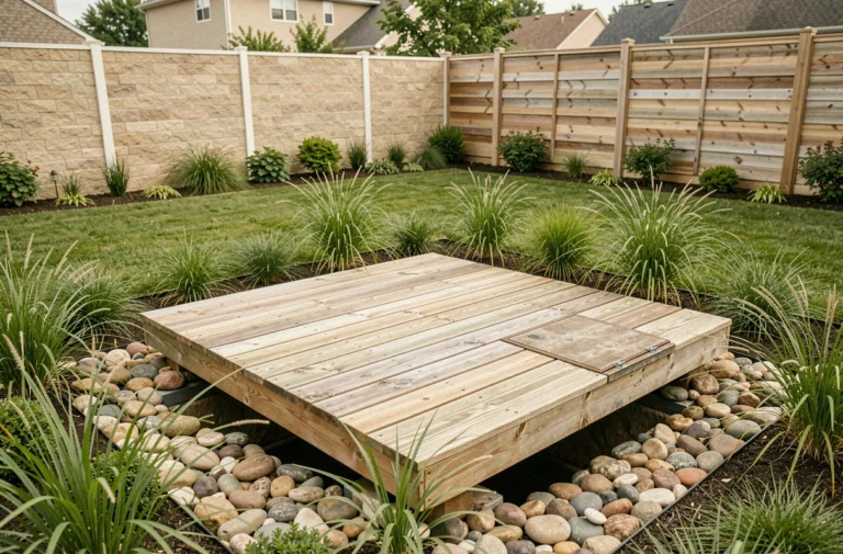 Aménagement paysager d'un jardin au-dessus d'une fosse septique avec terrasse en bois et pierres décoratives