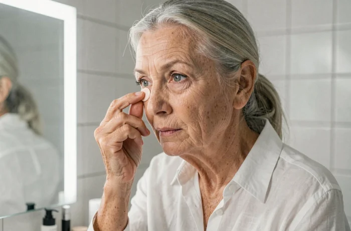Une femme de 70 ans appliquant un anticernes hydratant sous les yeux avec son doigt de façon ciblée et précise