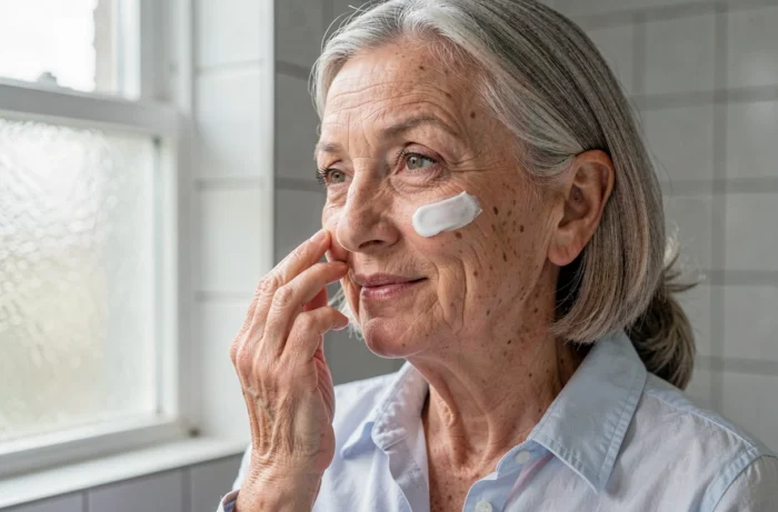 Une femme de plus de 70 ans appliquant une crème solaire SPF sur son visage avant le maquillage dans une salle de bain naturelle