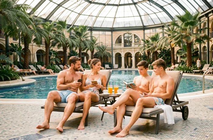 Famille profitant d'un moment calme dans la zone de détente d'Aquaboulevard Paris lors d'une période creuse