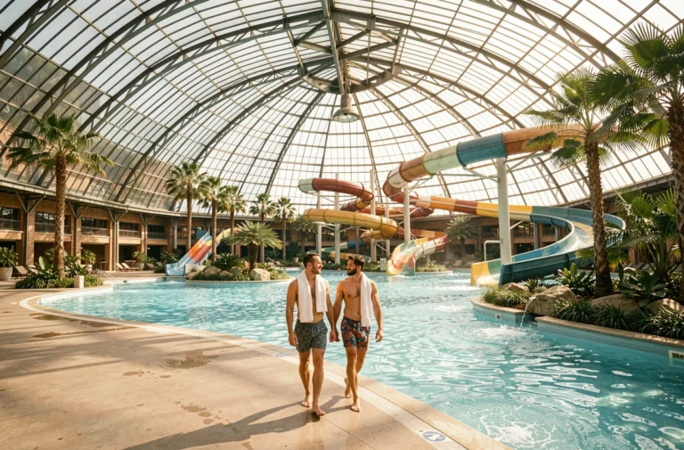 Intérieur presque vide d'Aquaboulevard Paris en semaine avec un couple se promenant au bord de la piscine à vagues