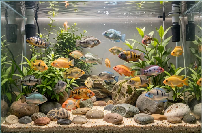 Aquarium d'eau douce avec des cichlidés colorés nageant parmi des pierres et des plantes aquatiques