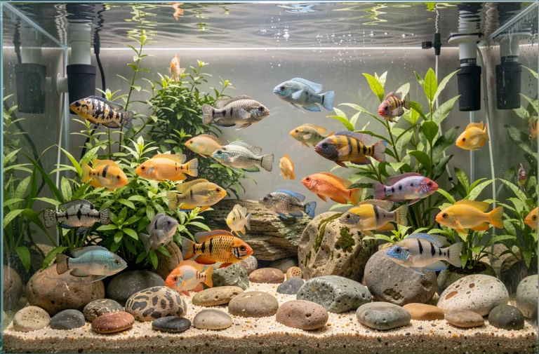 Aquarium d'eau douce avec des cichlidés colorés nageant parmi des pierres et des plantes aquatiques