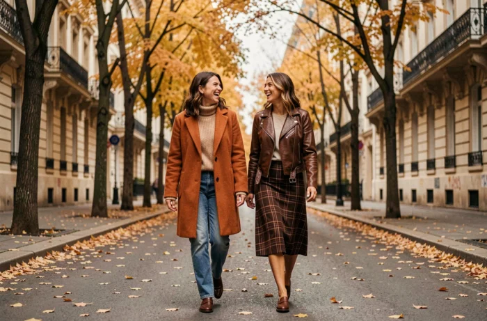 Deux femmes élégantes marchant dans une rue parisienne en automne, portant des manteaux et vestes tendance, illustrant les astuces de style pour la saison