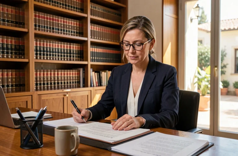 Avocate spécialisée en droit de la famille révisant des documents juridiques dans un cabinet d'avocat à Nice