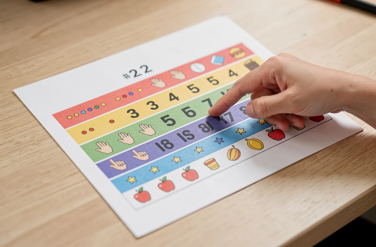 Bande à compter multi-représentations imprimée avec chiffres, points, doigts et objets illustrés pour la maternelle