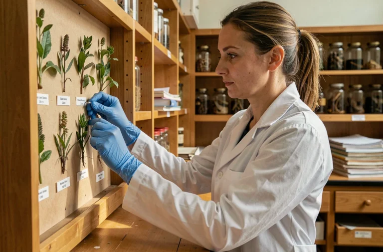 Biologiste femme examinant des spécimens botaniques dans un laboratoire universitaire d'histoire naturelle