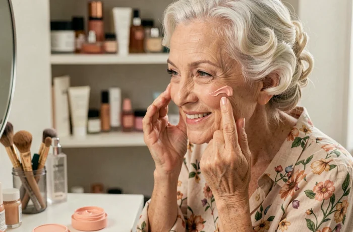 Une femme de 70 ans appliquant un blush crème rose sur ses joues avec ses doigts pour un fini naturel et hydraté
