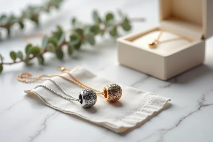 Deux bolas de grossesse Pandora en argent et doré disposés sur tissu lin gris avec boîte à bijoux ouverte, vue de dessus minimaliste