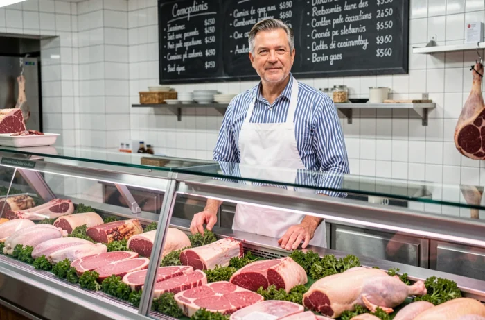 Boucher professionnel en tablier blanc derrière le comptoir réfrigéré d'une boucherie Henri Boucher
