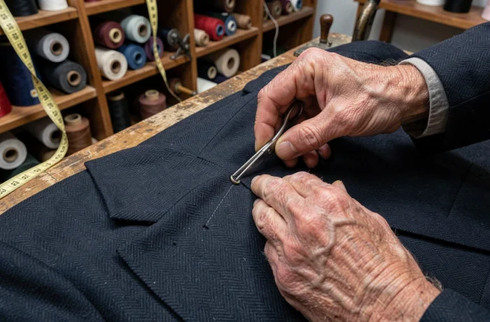 Tailleur expérimenté travaillant une boutonnière sur un blazer en laine navy dans un atelier