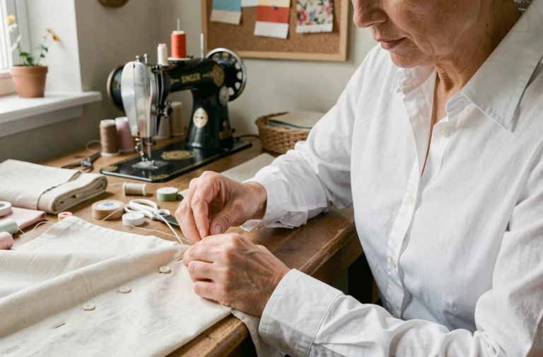 Femme réalisant une boutonnière parfaite sur une chemise blanche à la table de couture
