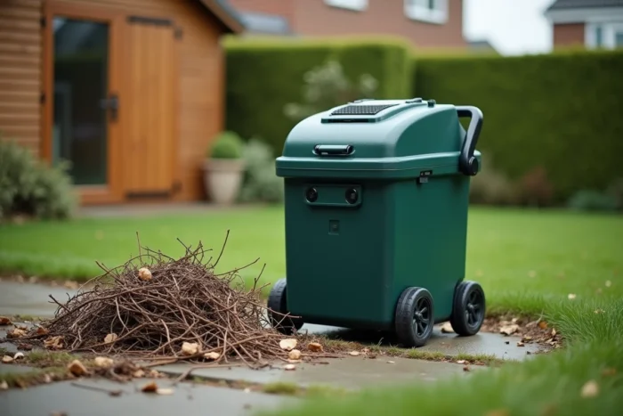 Broyeur de végétaux électrique entouré de branchages et déchets de taille dans un jardin
