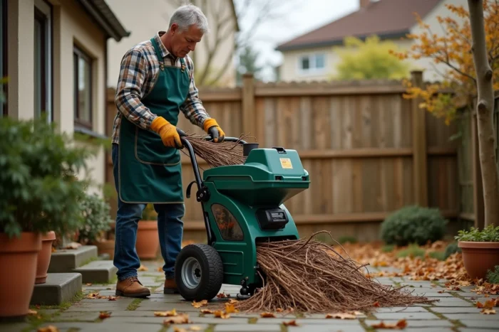 Homme utilisant un broyeur de végétaux électrique Bosch dans un jardin en automne