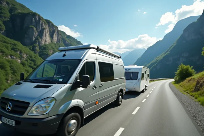 Caravane et camping-car garés sur une route de montagne avec smartphone affichant Waze visible par la fenêtre ouverte