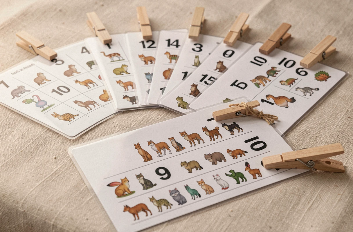 Cartes à pinces numériques plastifiées avec pinces à linge fixées sur les bonnes réponses pour apprendre à compter