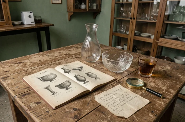 Catalogue imprimé ancien de la verrerie Portieux ouvert sur une table avec des pièces de verre authentiques pour collectionneurs