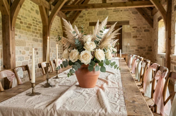 Centre de table mariage élégant avec roses ivoire et eucalyptus dans une vase en terre cuite sur table en bois rustique