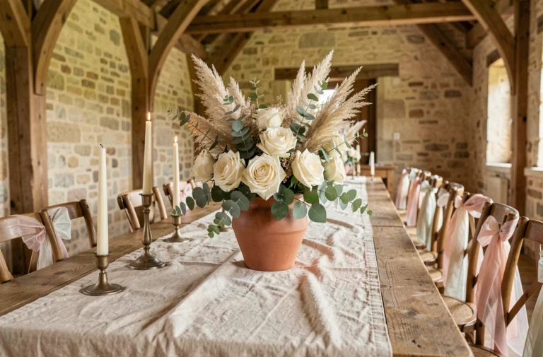 Centre de table mariage élégant avec roses ivoire et eucalyptus dans une vase en terre cuite sur table en bois rustique