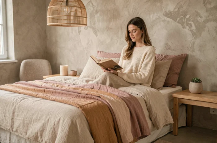 Chambre cocooning en tons sable et beige avec linge de lit en lin naturel et murs en enduit chaud