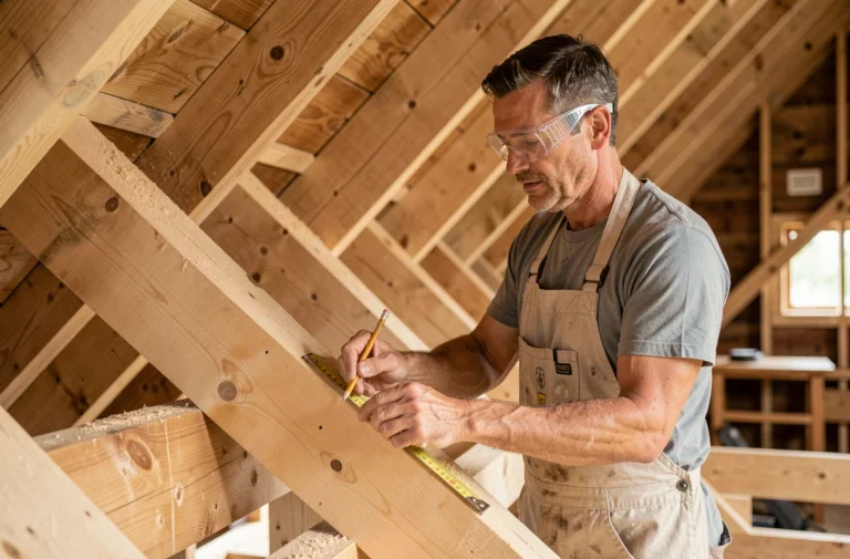Charpentier mesurant une pièce de bois pour la réalisation d'un chevêtre de charpente dans une structure de toit