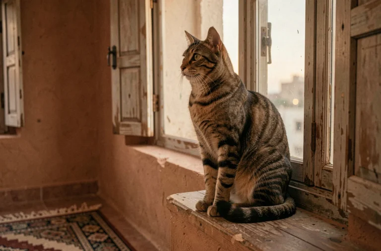 Chat tigré assis sur un rebord de fenêtre dans un intérieur de style oriental, évoquant la symbolique du chat dans les rêves en islam