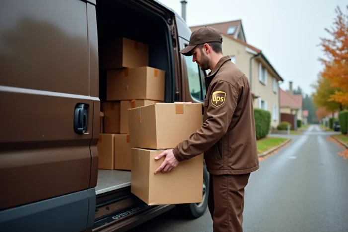 Chauffeur UPS chargeant des colis dans son camion de livraison dans une rue de Corbeil-Essonnes