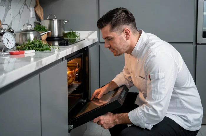 Homme en veste de chef vérifiant la cuisson d'un poulet rôti dans un four domestique moderne