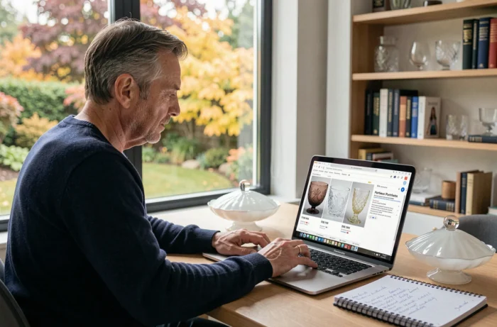 Collectionneur consultant le catalogue en ligne de la verrerie Portieux sur ordinateur avec une pièce en verre opaline authentique