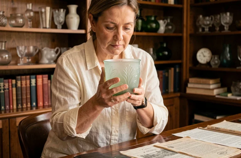 Collectionneuse examinant un vase en verre soufflé de la verrerie Portieux dans un bureau d'antiquités chaleureux