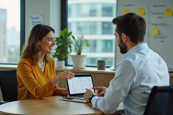 Deux collègues collaborant autour d'une tablette pour explorer des ressources en ligne dédiées au développement de leur entreprise