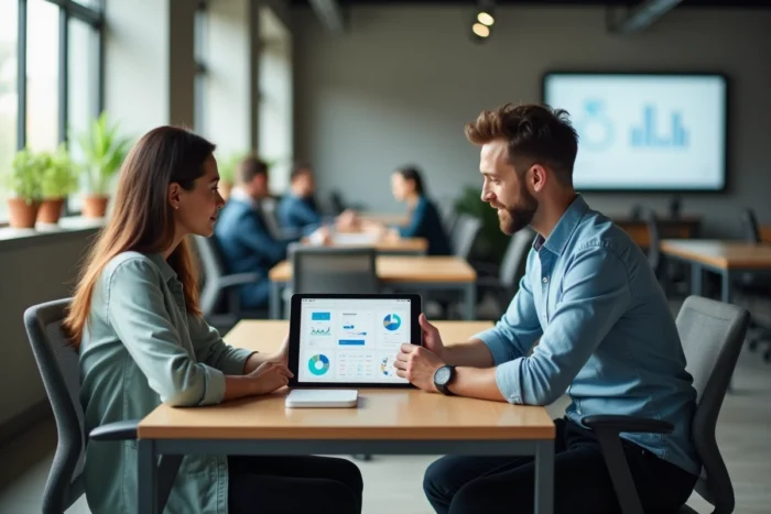 Deux collègues analysant des données sur une tablette dans un espace de co-working moderne, reflet des nouvelles tendances technologiques en entreprise