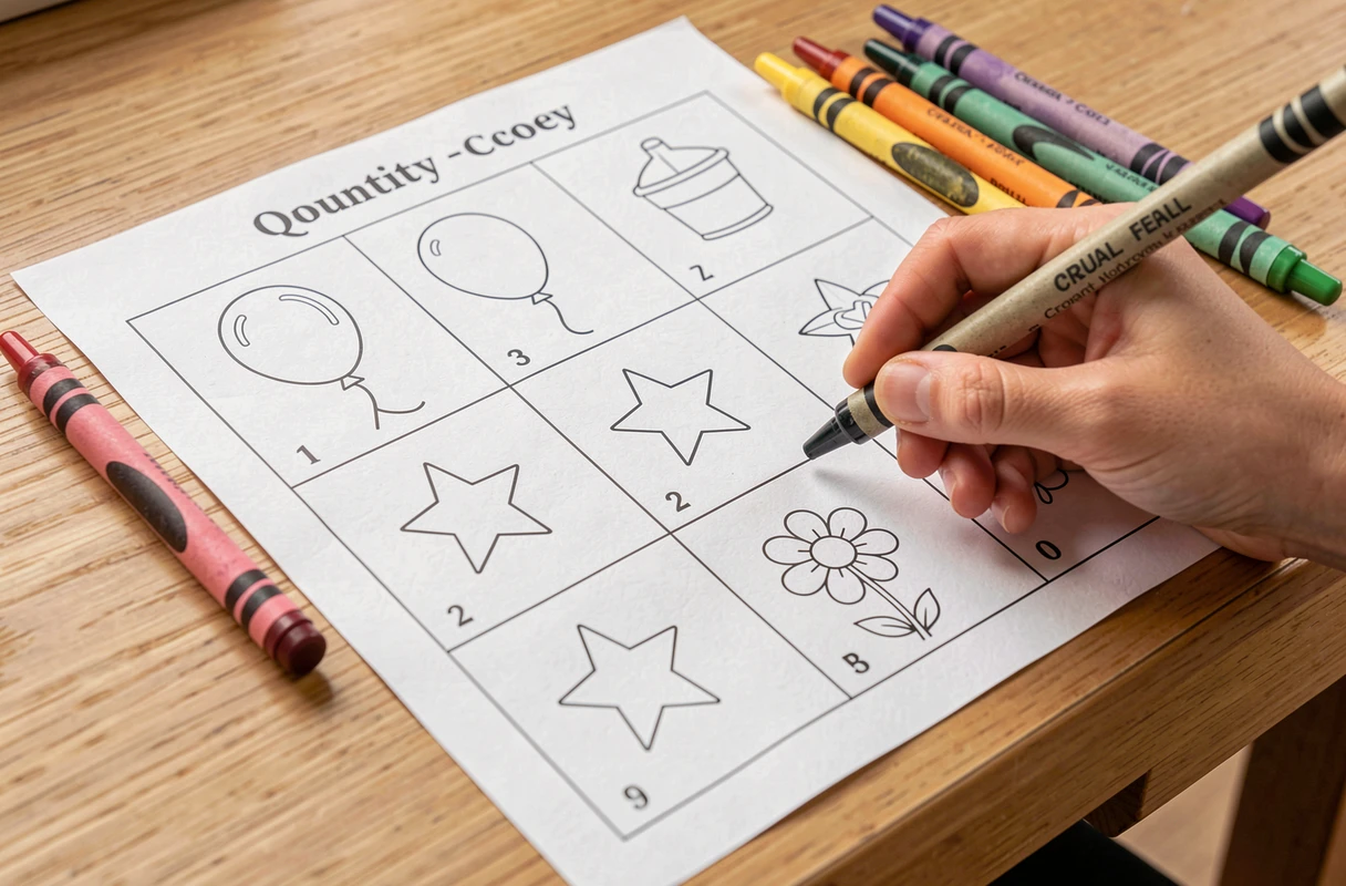 Fiche de coloriage codé par quantité avec chiffres et crayons de couleur pour les activités de numération en petite section