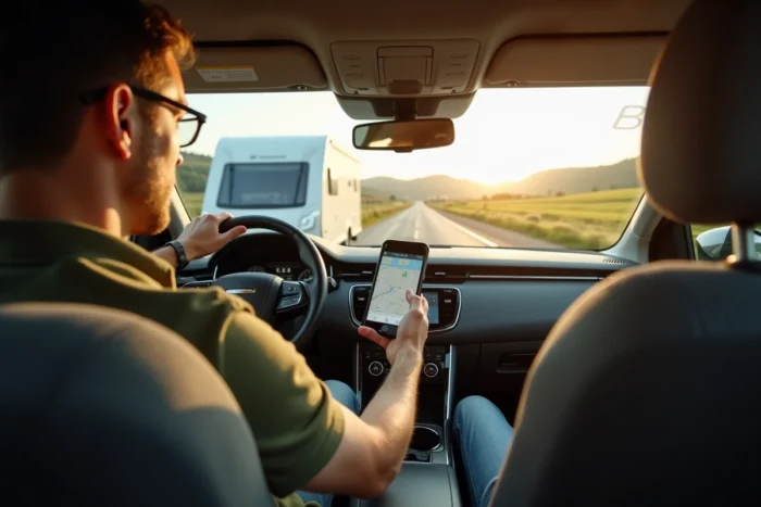 Conducteur consultant l'application Waze sur smartphone monté dans un SUV tractant une caravane sur une route de campagne
