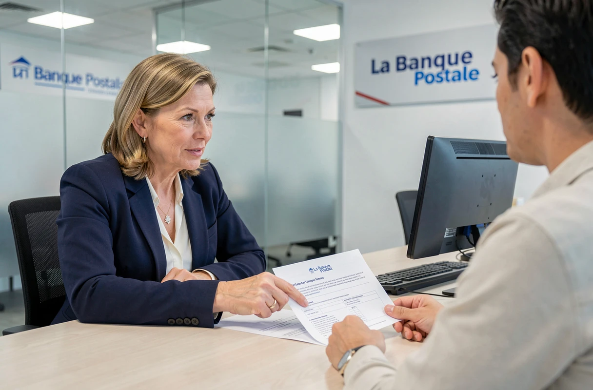 Conseillère bancaire expliquant un virement débit à un client dans une agence La Banque Postale