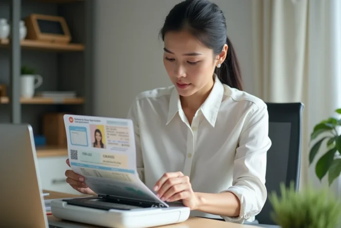Femme effectuant une copie de passeport biométrique sur un scanner de bureau à domicile