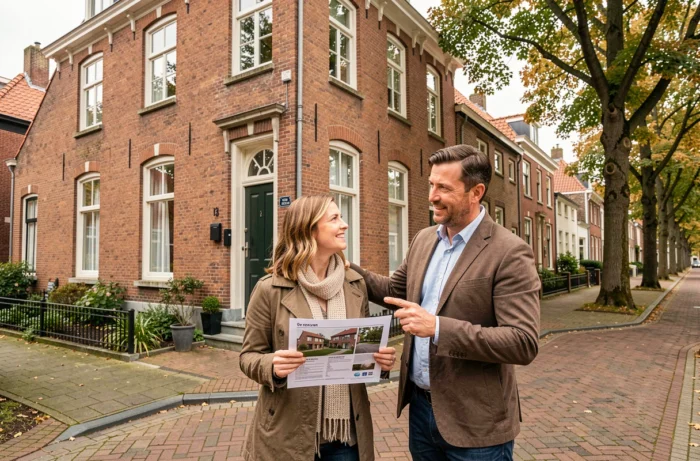 Couple belge devant une maison en briques rouges à Bruxelles tenant un dossier immobilier