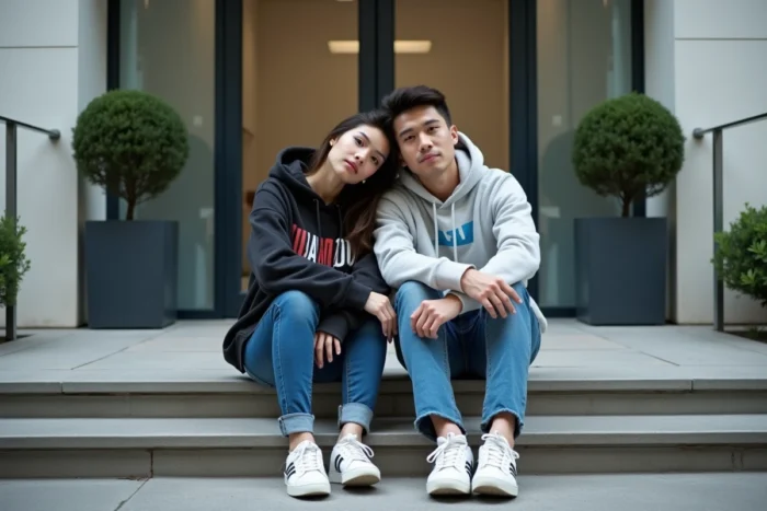 Couple tendrement assis devant un immeuble urbain français, illustrant la relation discrète et complice de Jul avec sa compagne