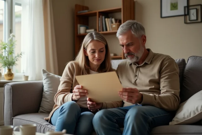 Couple lisant une lettre de réponse de la commission d'attribution de logement social dans leur appartement