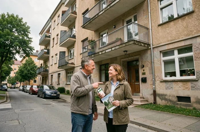 Couple de particuliers consultant un guide de logement devant un immeuble résidentiel, en référence aux services Killahejlaszo Housing Ltd
