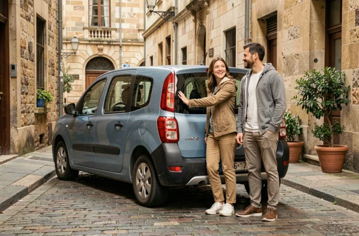 Couple de propriétaires souriants devant leur Citroën Campster garé dans une rue pavée en ville
