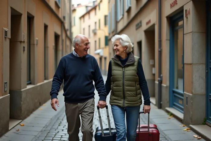 Couple de seniors souriant en train de se promener dans une ruelle pavée européenne avec leurs bagages