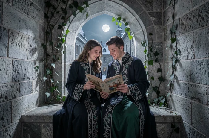 Couple de jeunes sorciers partageant un moment complice sur un rebord de fenêtre dans une tour de château façon Poudlard, atmosphère romantique et féerique