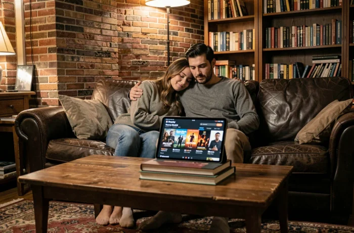 Couple regardant ensemble une plateforme de streaming sur tablette dans un salon chaleureux avec mur en briques