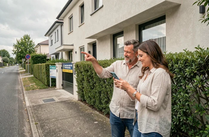Couple visitant une maison à louer en consultant une application de location immobilière sur smartphone