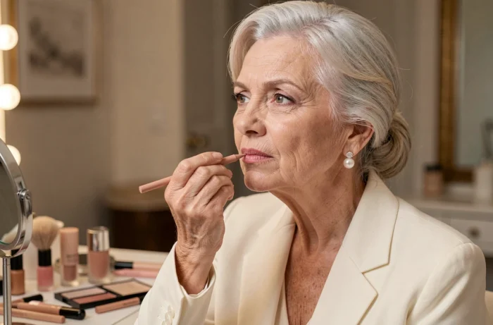 Une femme de 70 ans dessinant le contour de ses lèvres avec un crayon à lèvres nude avant d'appliquer son rouge à lèvres